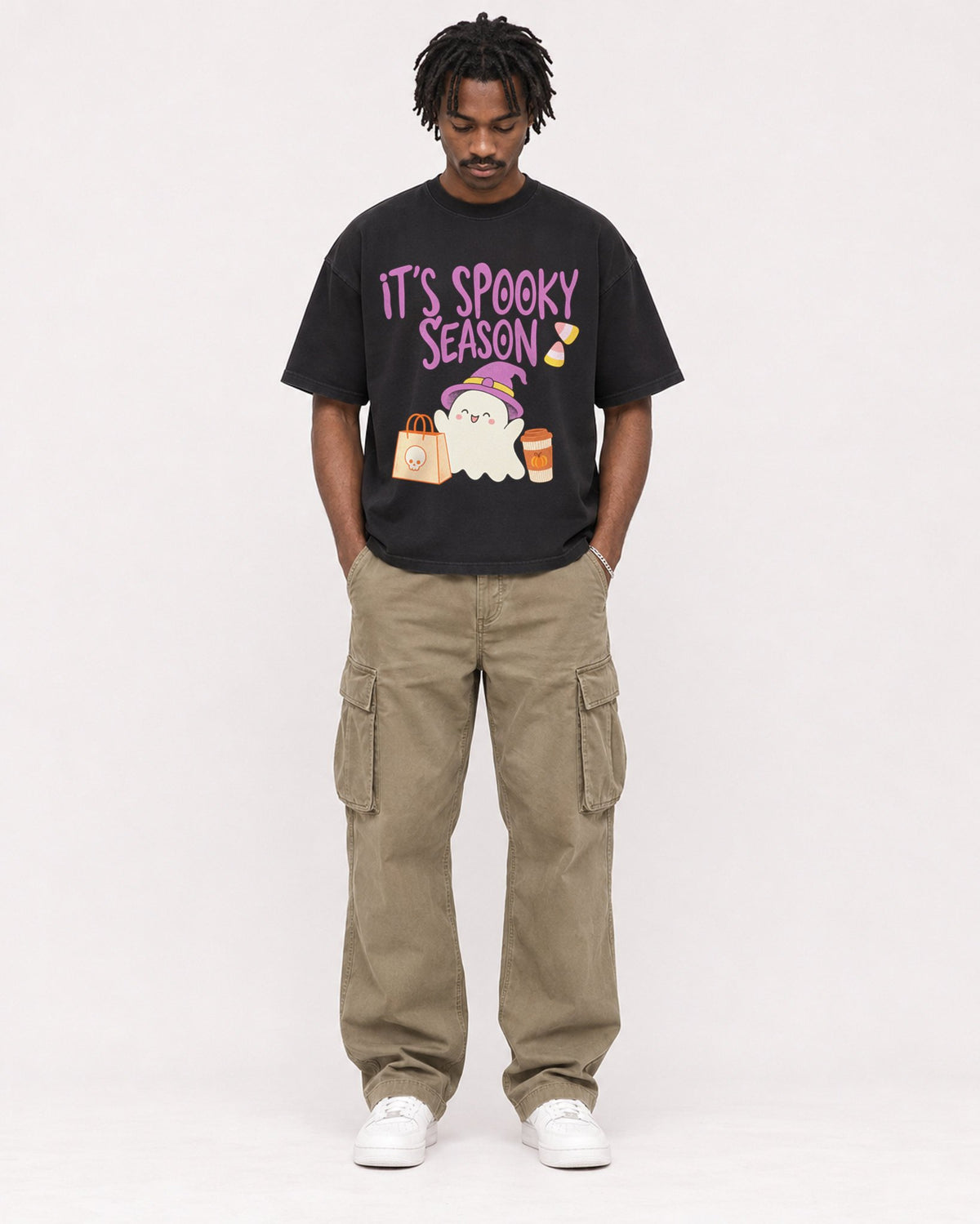 Mockup Boxy Heavyweight Tee Black male full-body 04
