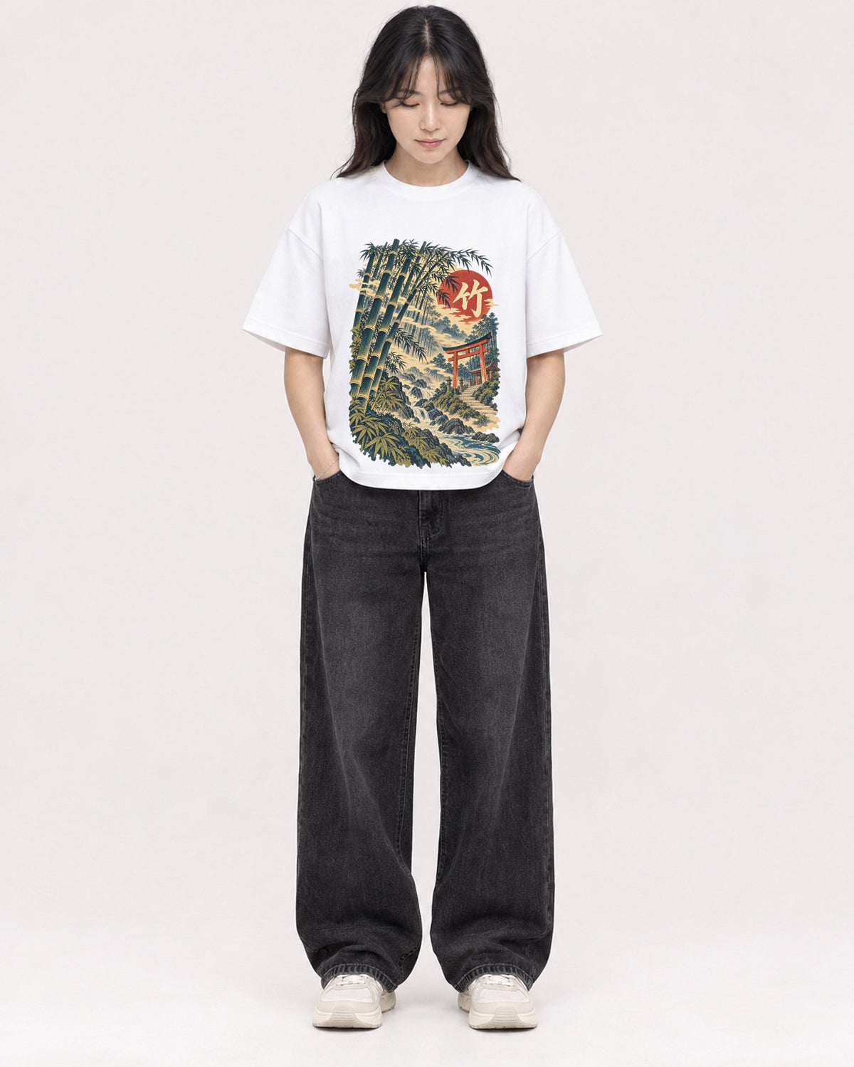Mockup Boxy Heavyweight Tee White female full-body 13