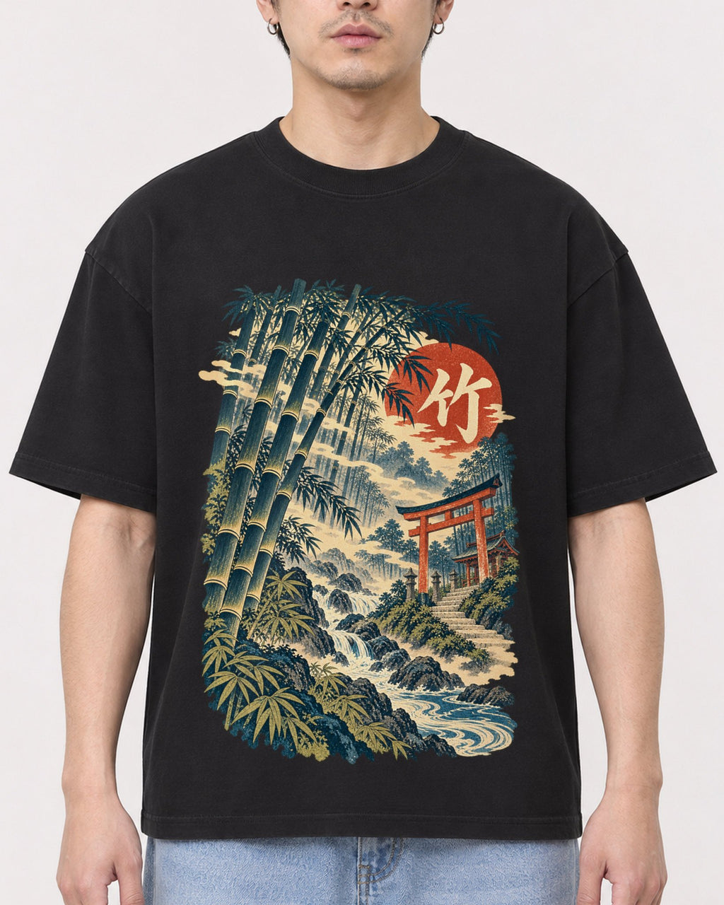 Mockup Boxy Heavyweight Tee Black male close-up 13