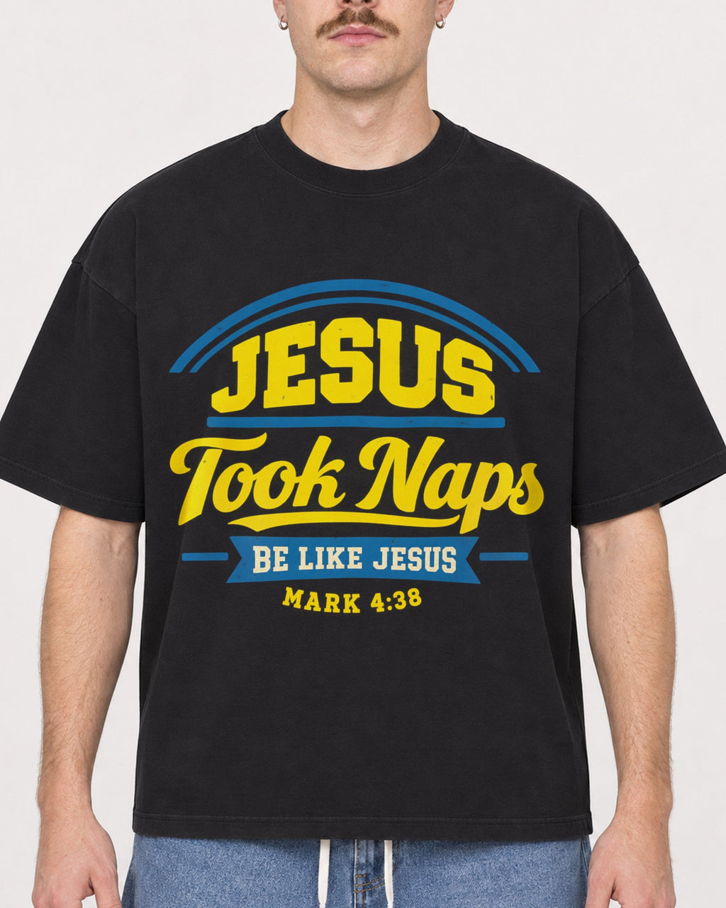 Mockup Boxy Heavyweight Tee Black male close-up 39
