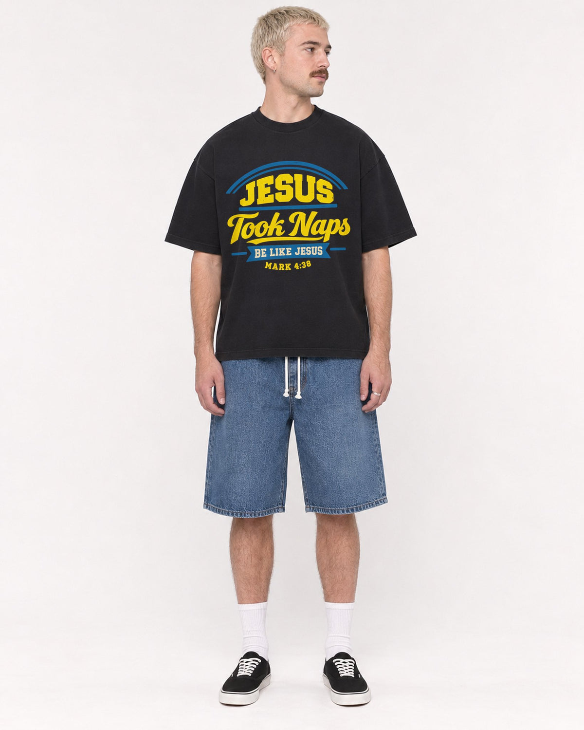 Mockup Boxy Heavyweight Tee Black male full-body 39
