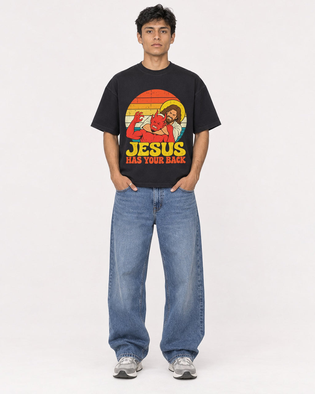 Mockup Boxy Heavyweight Tee Black male full-body 46