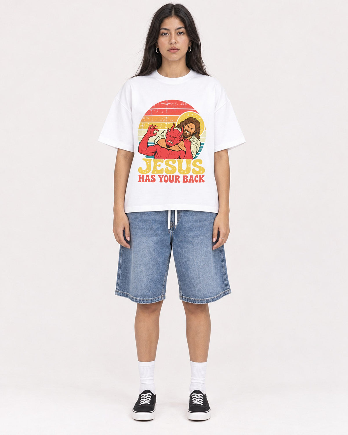 Mockup Boxy Heavyweight Tee White female full-body 46