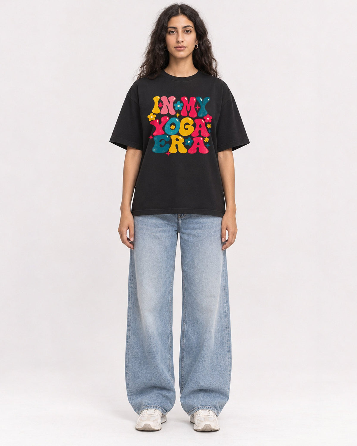Mockup Boxy Heavyweight Tee Black female full-body 07