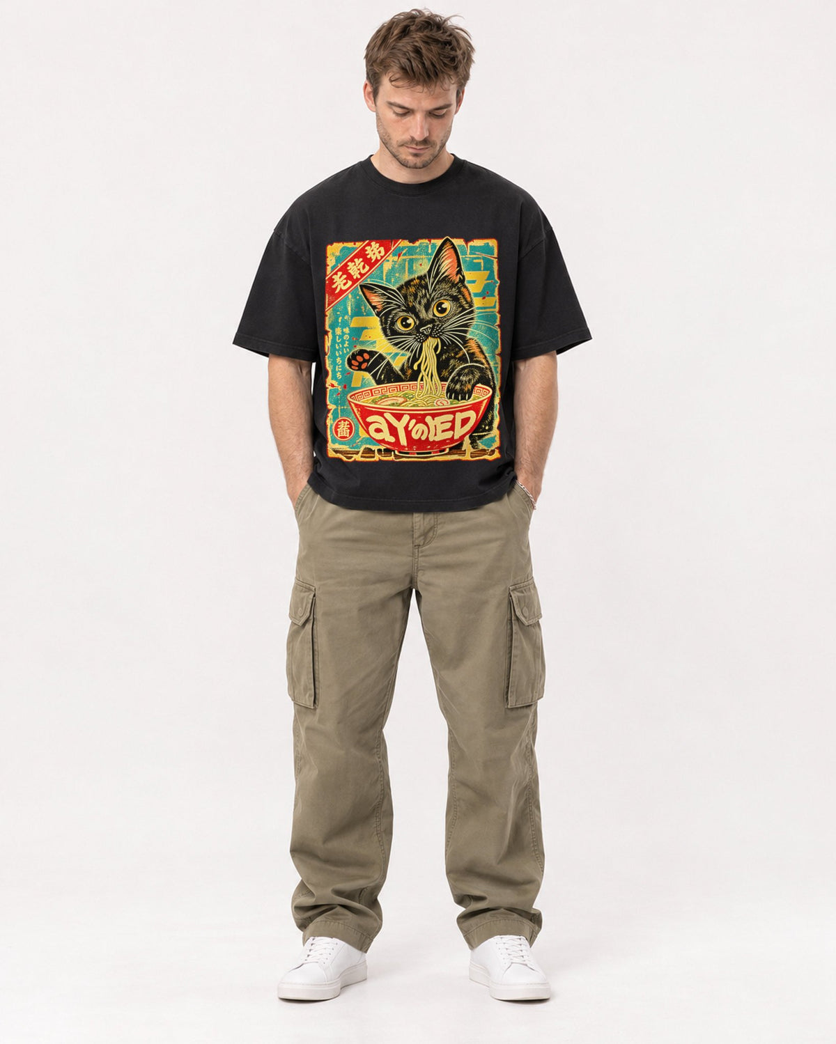 Mockup Boxy Heavyweight Tee Black male full-body 08