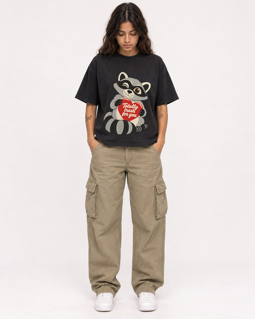 Mockup Boxy Heavyweight Tee Black female full-body 06