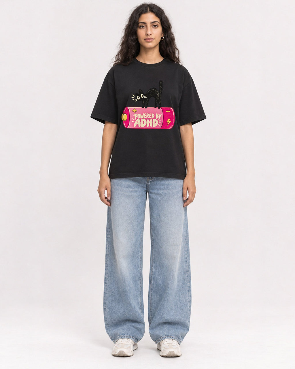 Mockup Boxy Heavyweight Tee Black female full-body 07