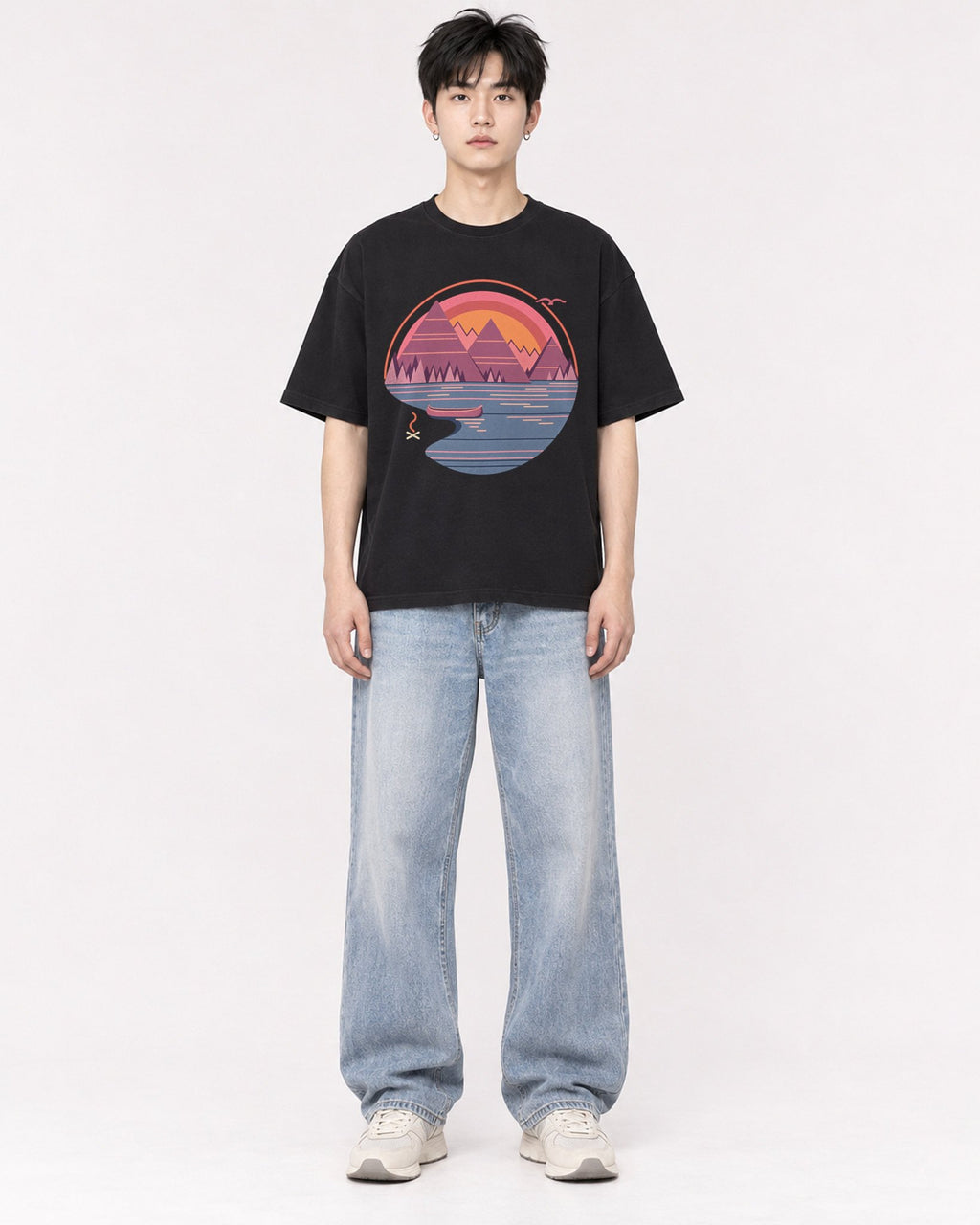 Mockup Boxy Heavyweight Tee Black male full-body 01
