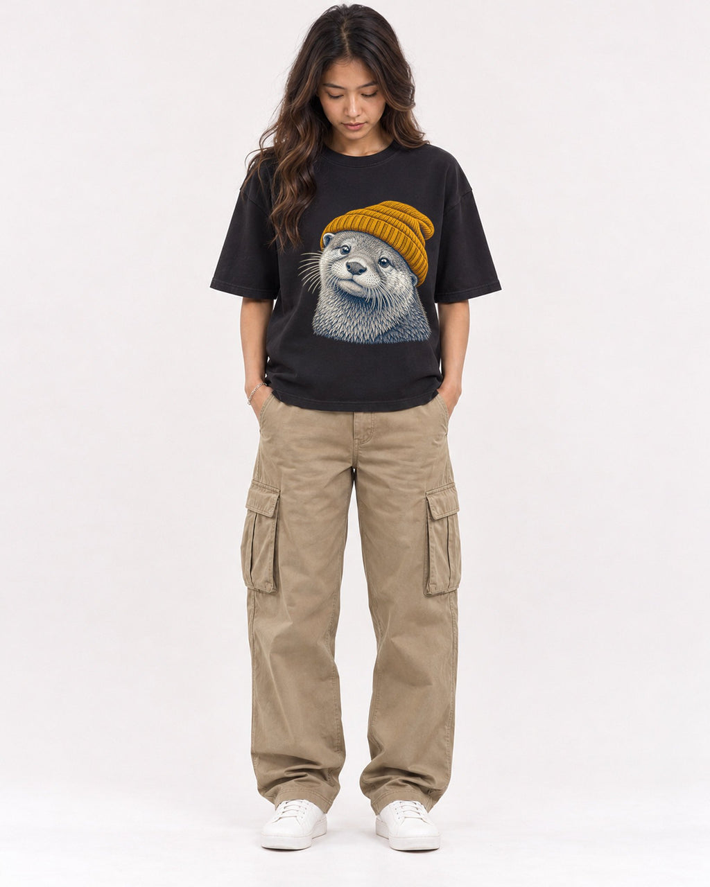 Mockup Boxy Heavyweight Tee Black female full-body 02