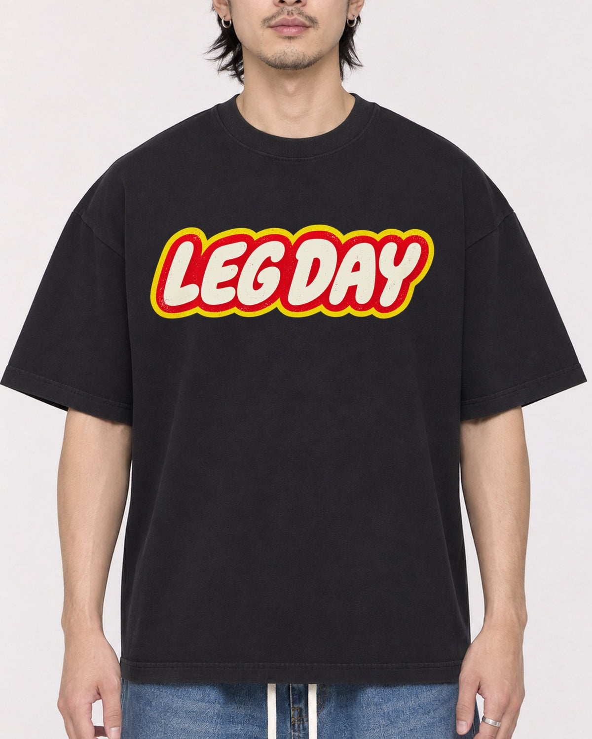 Mockup Boxy Heavyweight Tee Black male close-up 23
