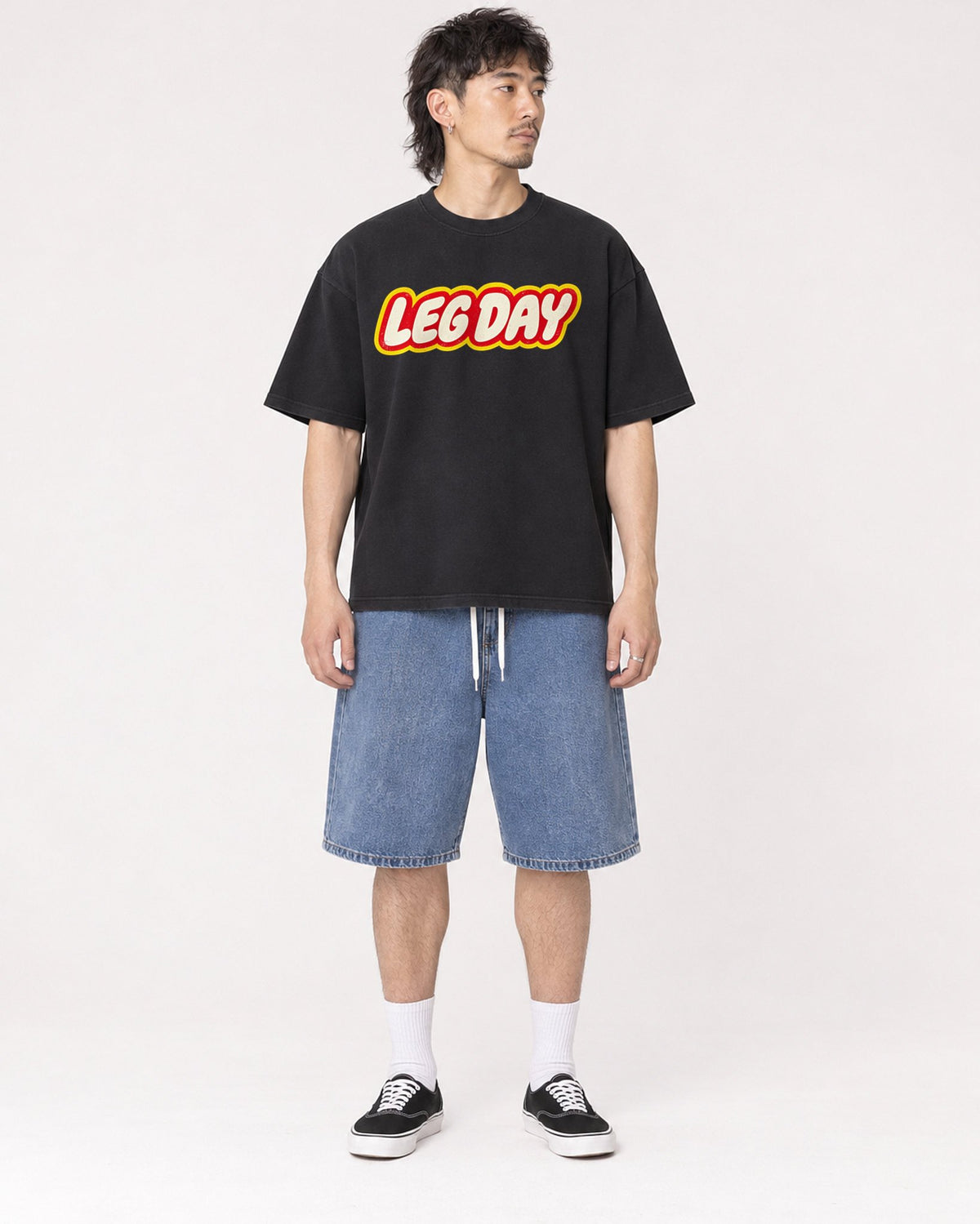 Mockup Boxy Heavyweight Tee Black male full-body 23