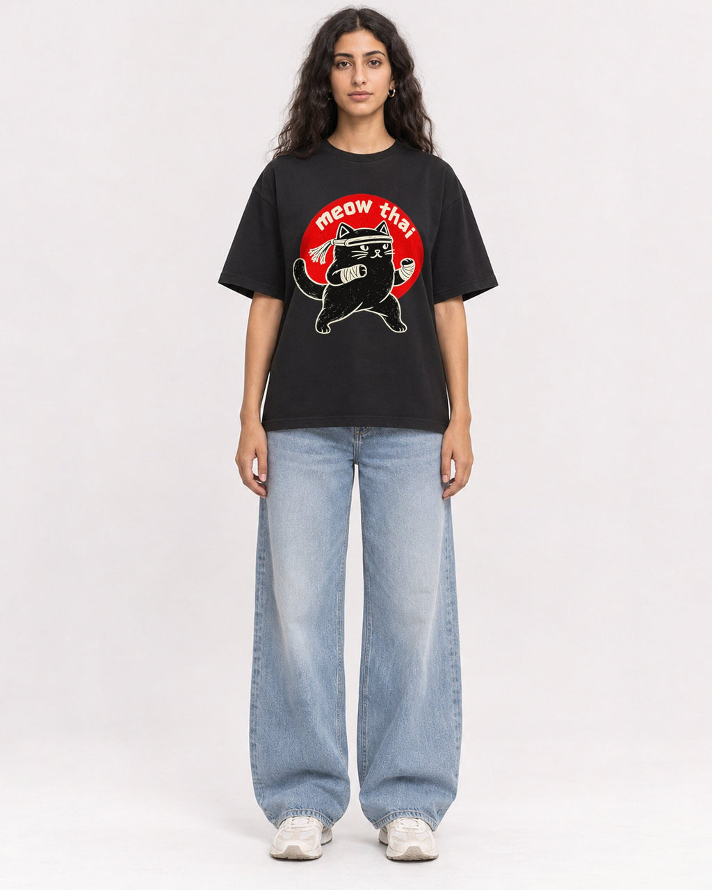 Mockup Boxy Heavyweight Tee Black female full-body 07