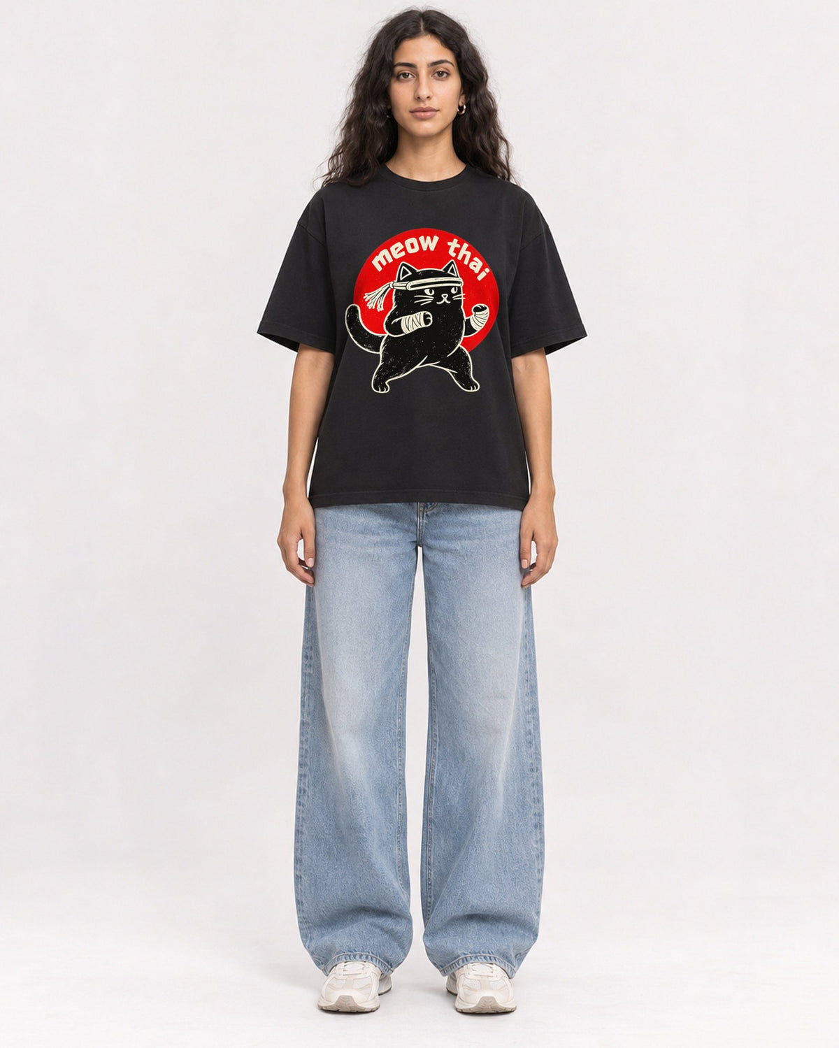 Mockup Boxy Heavyweight Tee Black female full-body 07