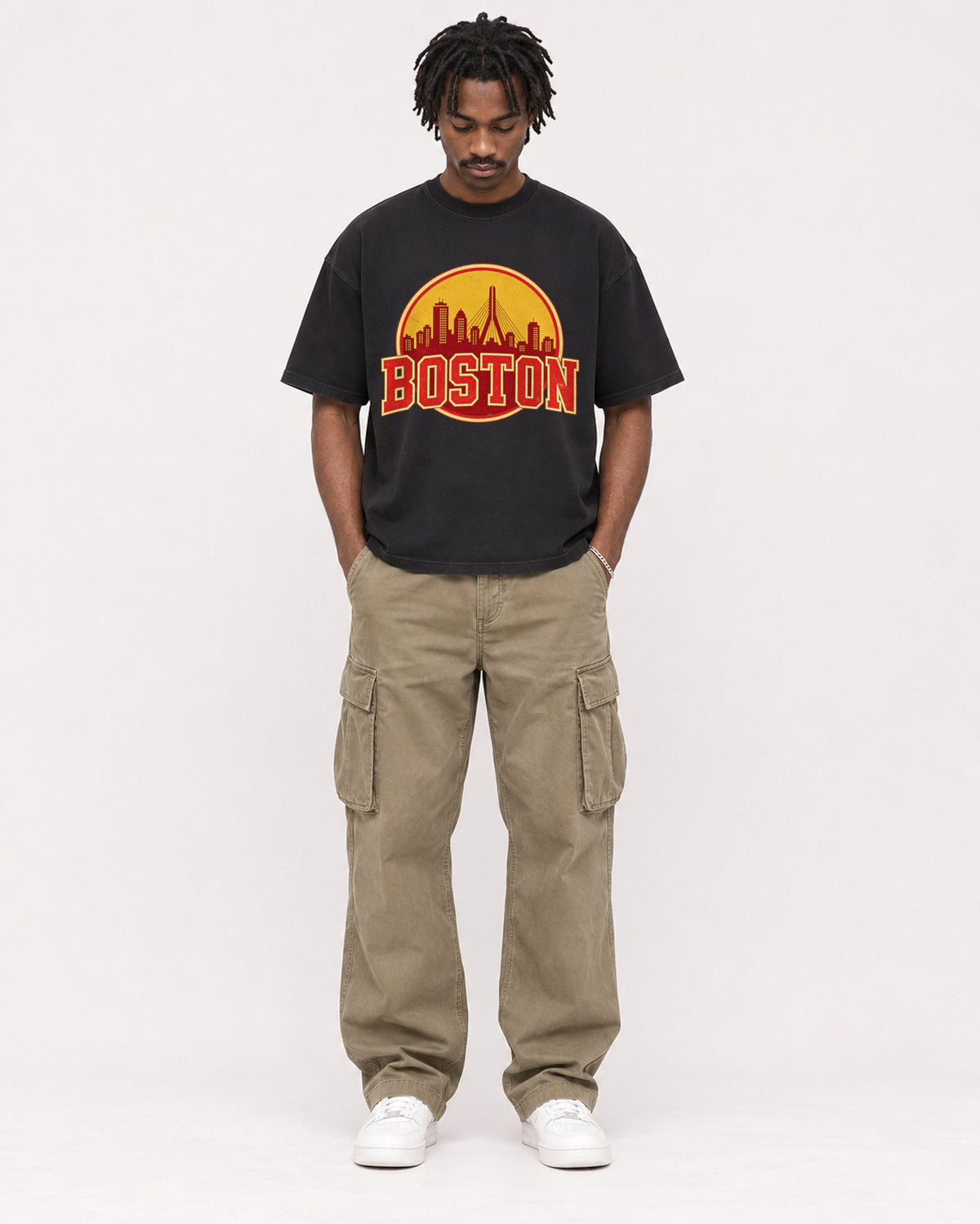 Mockup Boxy Heavyweight Tee Black male full-body 04
