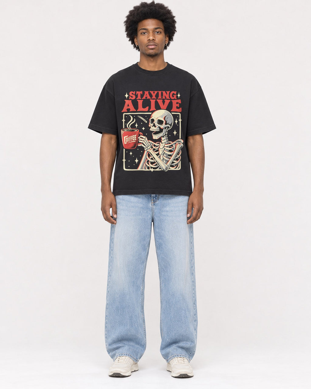 Mockup Boxy Heavyweight Tee Black male full-body 45