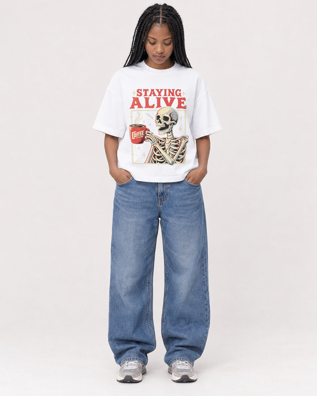 Mockup Boxy Heavyweight Tee White female full-body 45