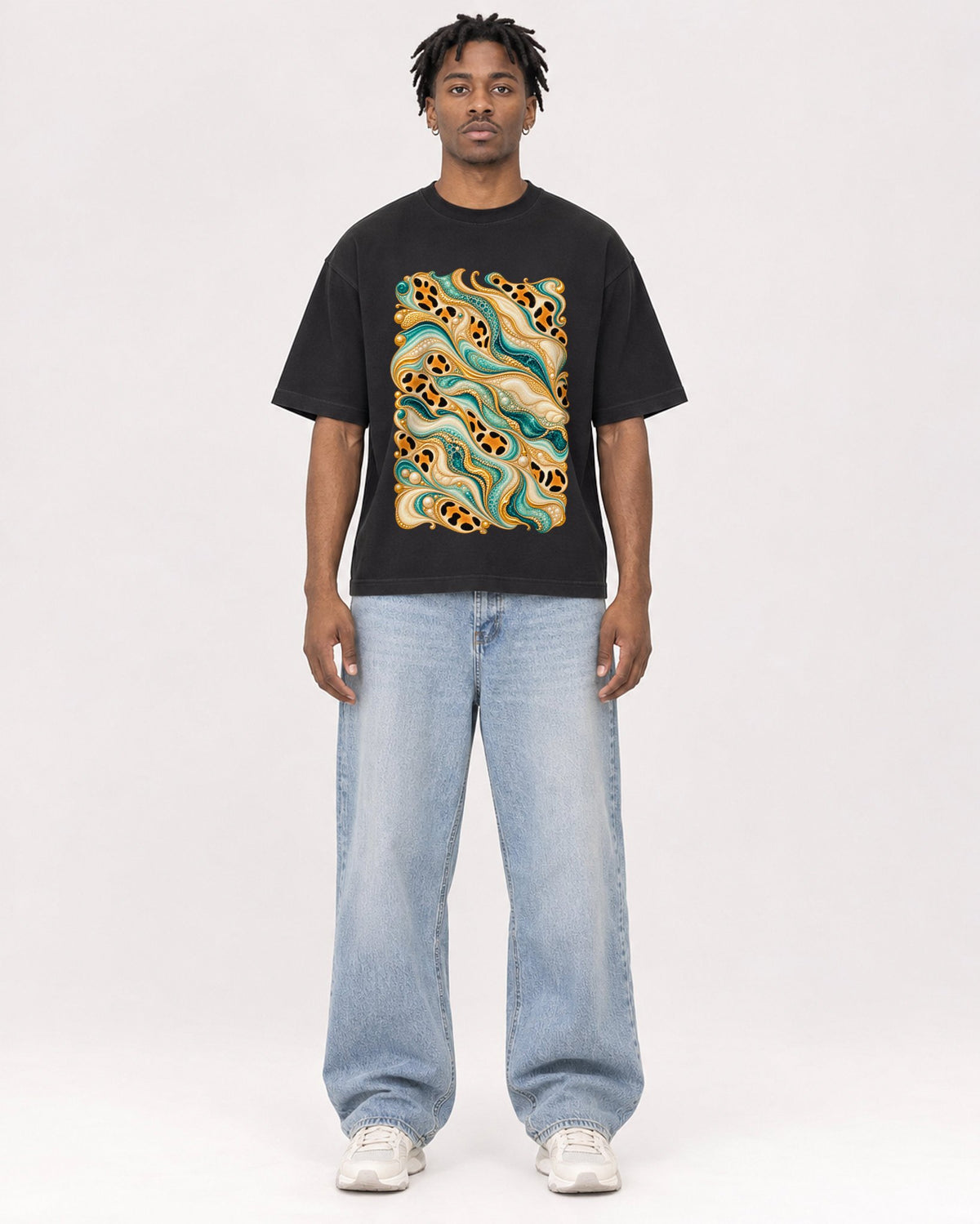 Mockup Boxy Heavyweight Tee Black male full-body 05