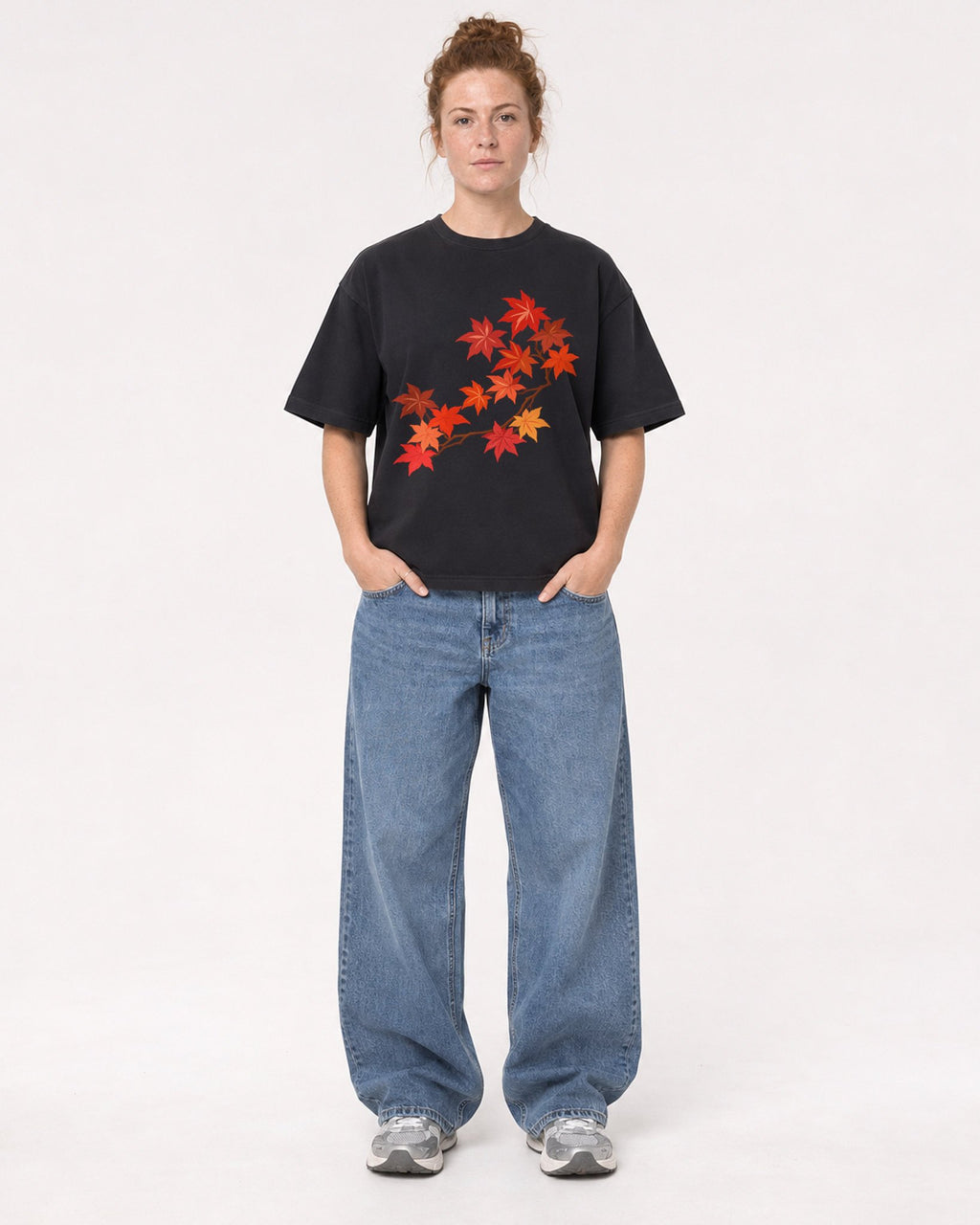 Mockup Boxy Heavyweight Tee Black female full-body 28