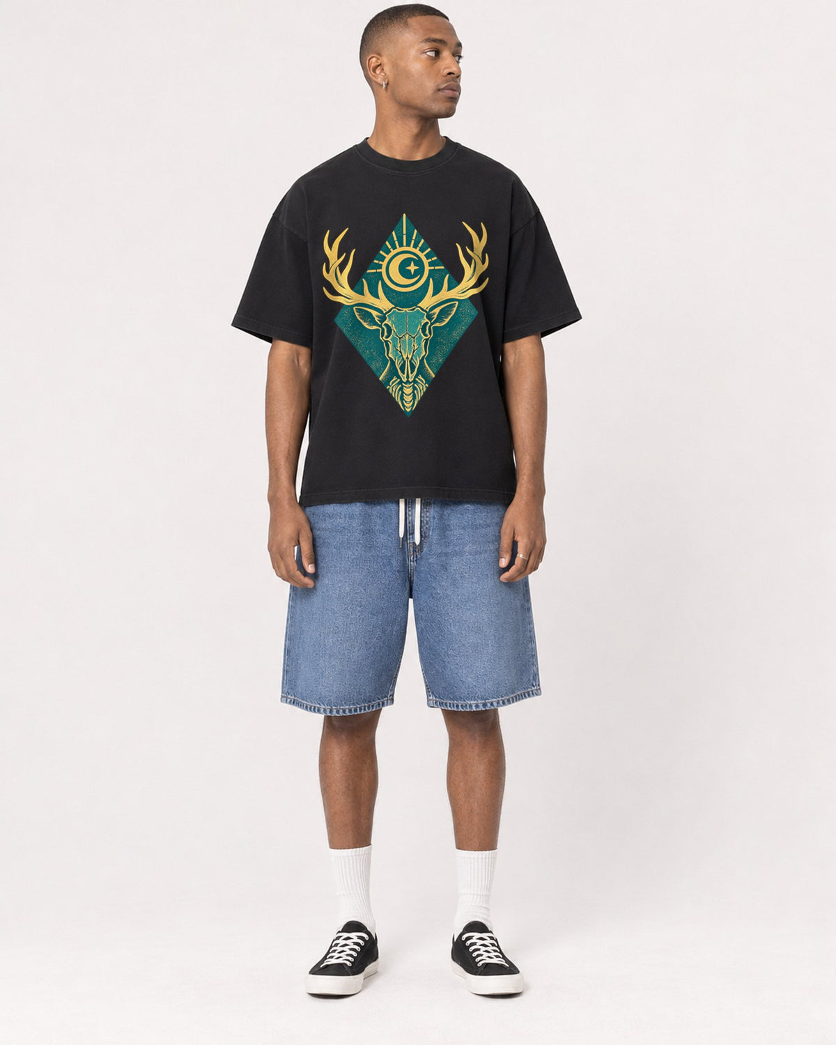 Mockup Boxy Heavyweight Tee Black male full-body 35