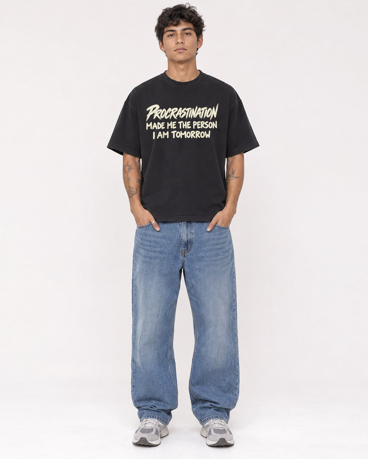 Mockup Boxy Heavyweight Tee Black male full-body 06