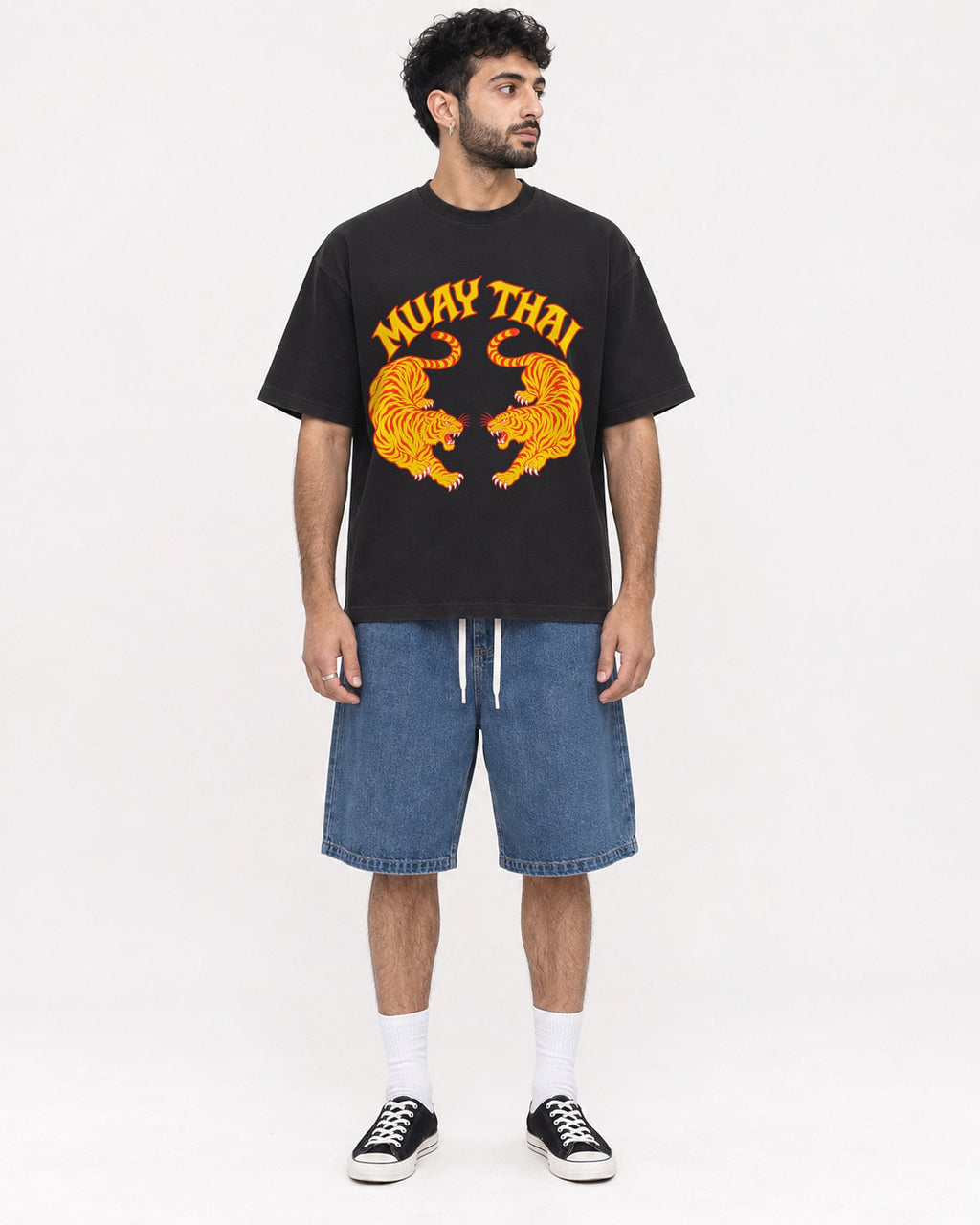 Mockup Boxy Heavyweight Tee Black male full-body 07