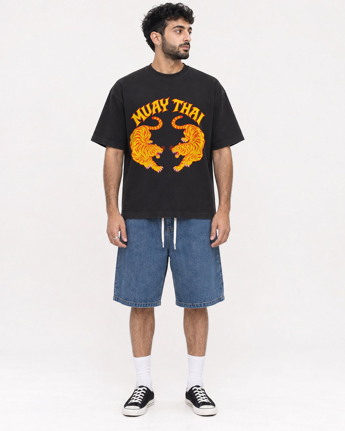 Mockup Boxy Heavyweight Tee Black male full-body 07