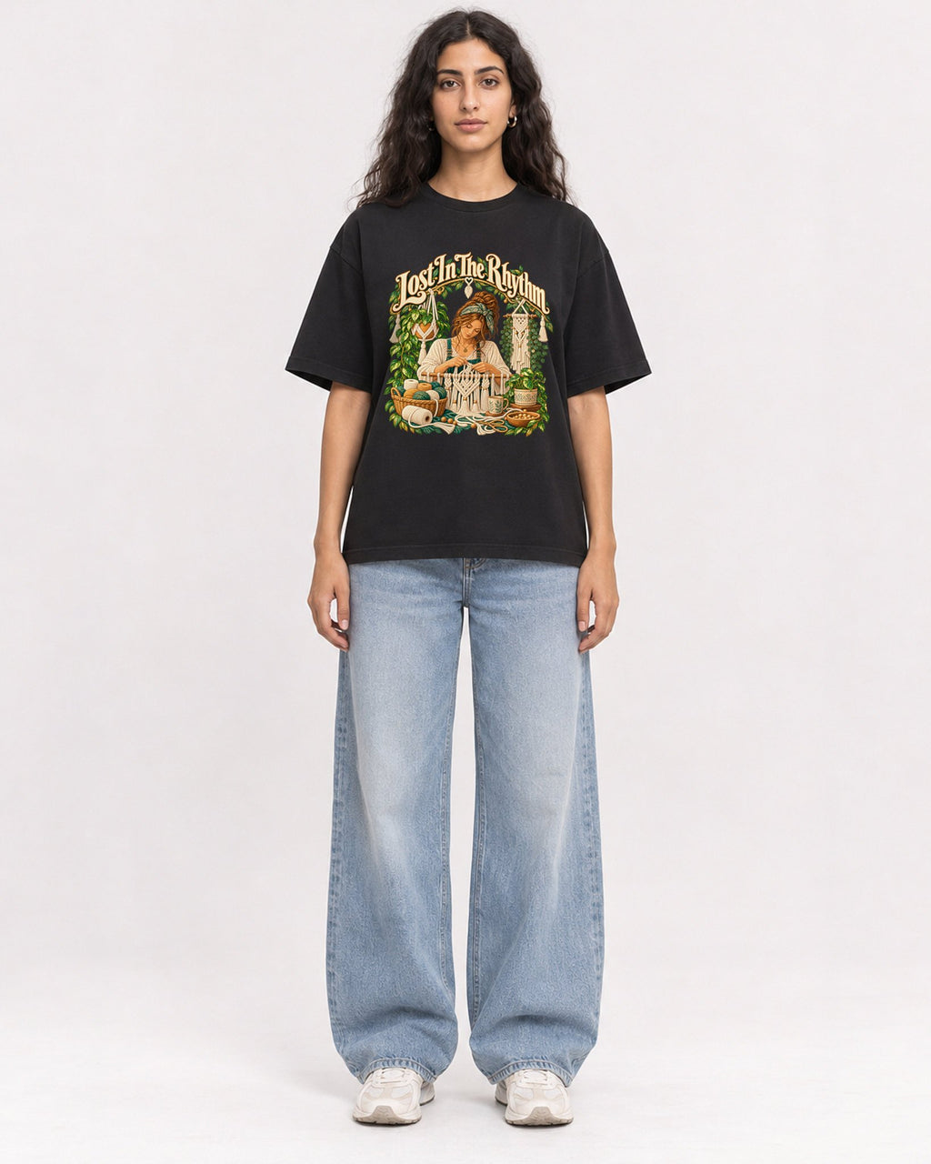 Mockup Boxy Heavyweight Tee Black female full-body 07