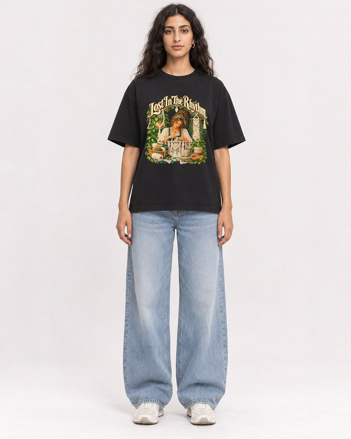 Mockup Boxy Heavyweight Tee Black female full-body 07