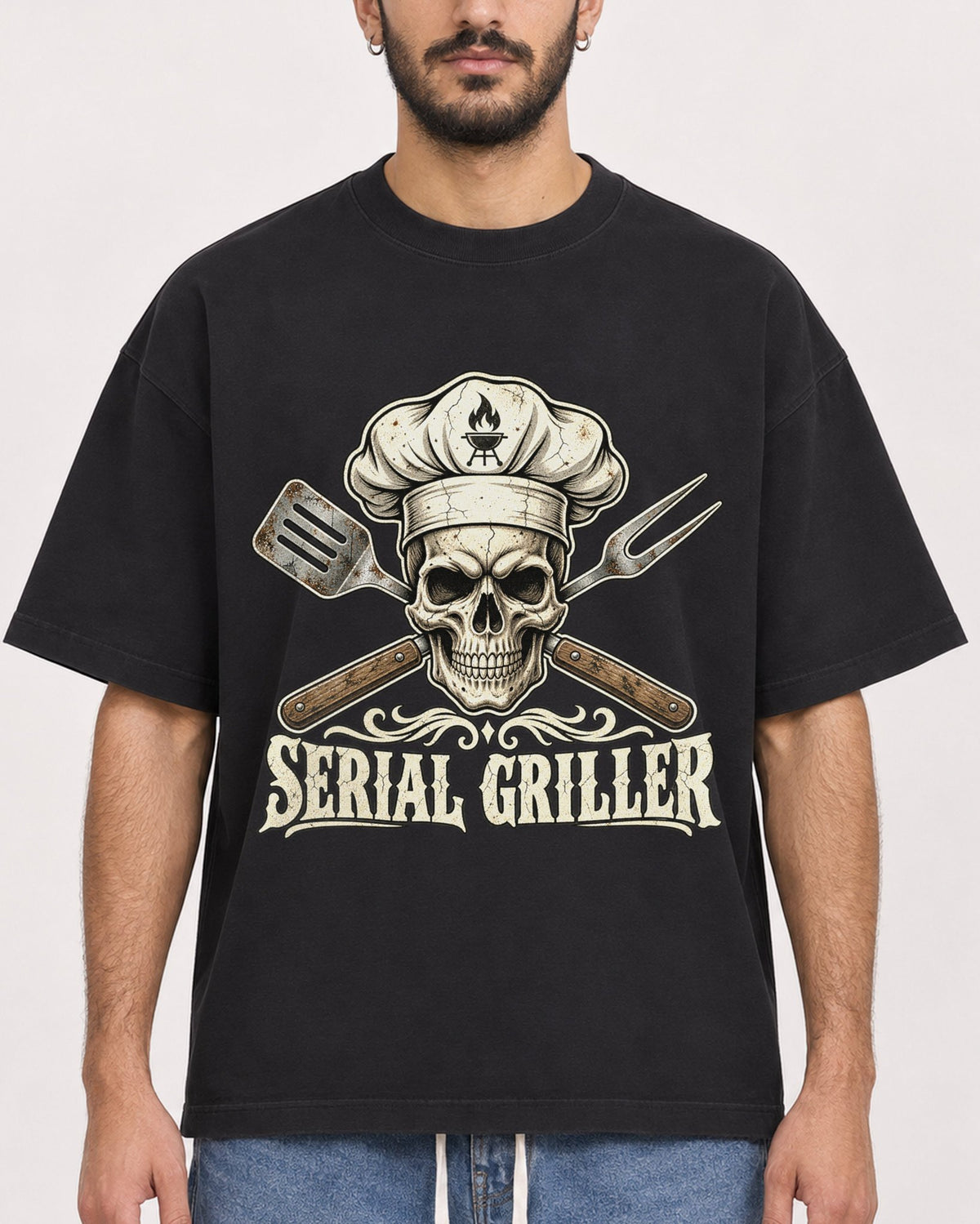 Mockup Boxy Heavyweight Tee Black male close-up 07