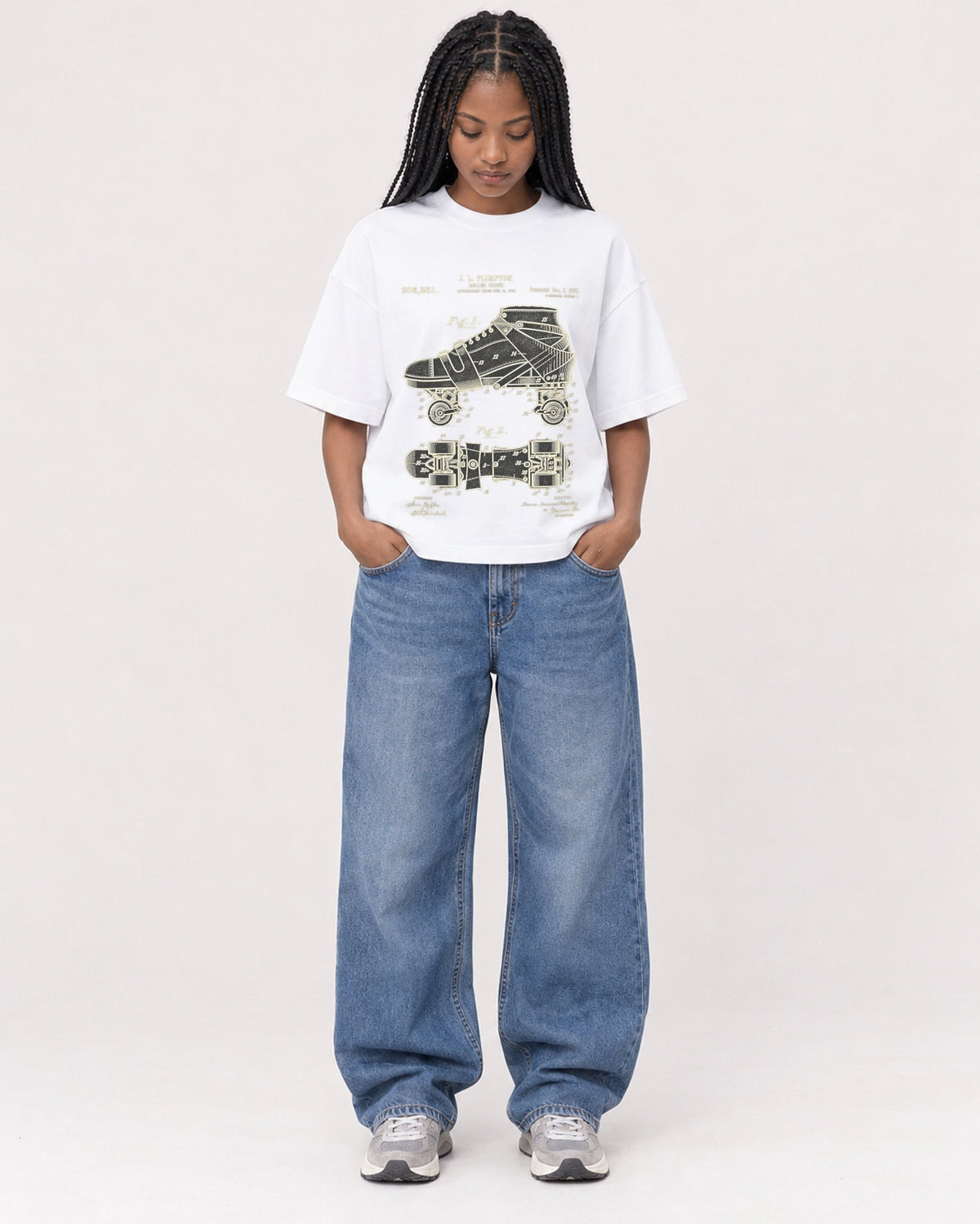 Mockup Boxy Heavyweight Tee White female full-body 45