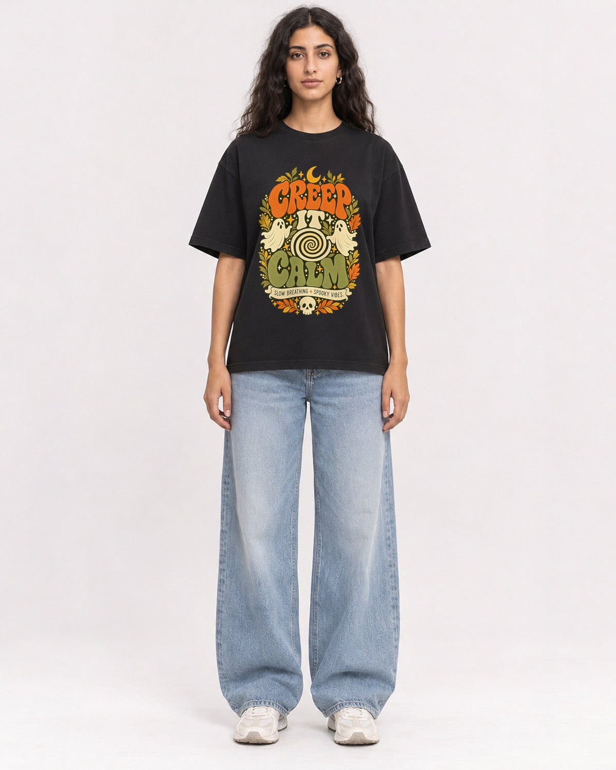 Mockup Boxy Heavyweight Tee Black female full-body 07