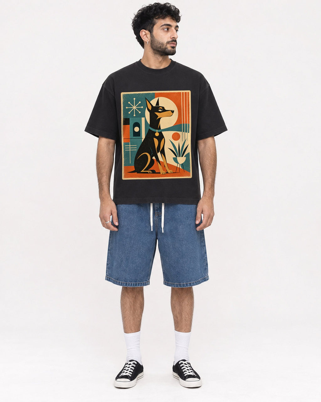 Mockup Boxy Heavyweight Tee Black male full-body 07