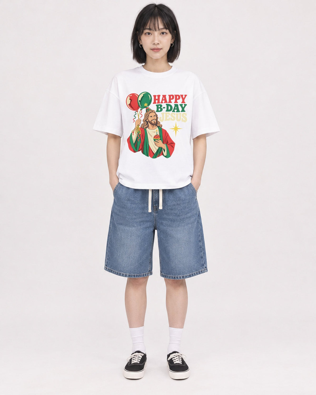 Mockup Boxy Heavyweight Tee White female full-body 11