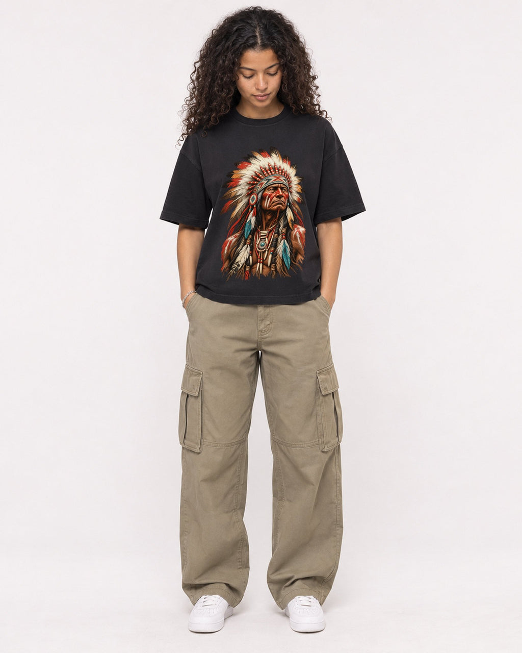 Mockup Boxy Heavyweight Tee Black female full-body 10
