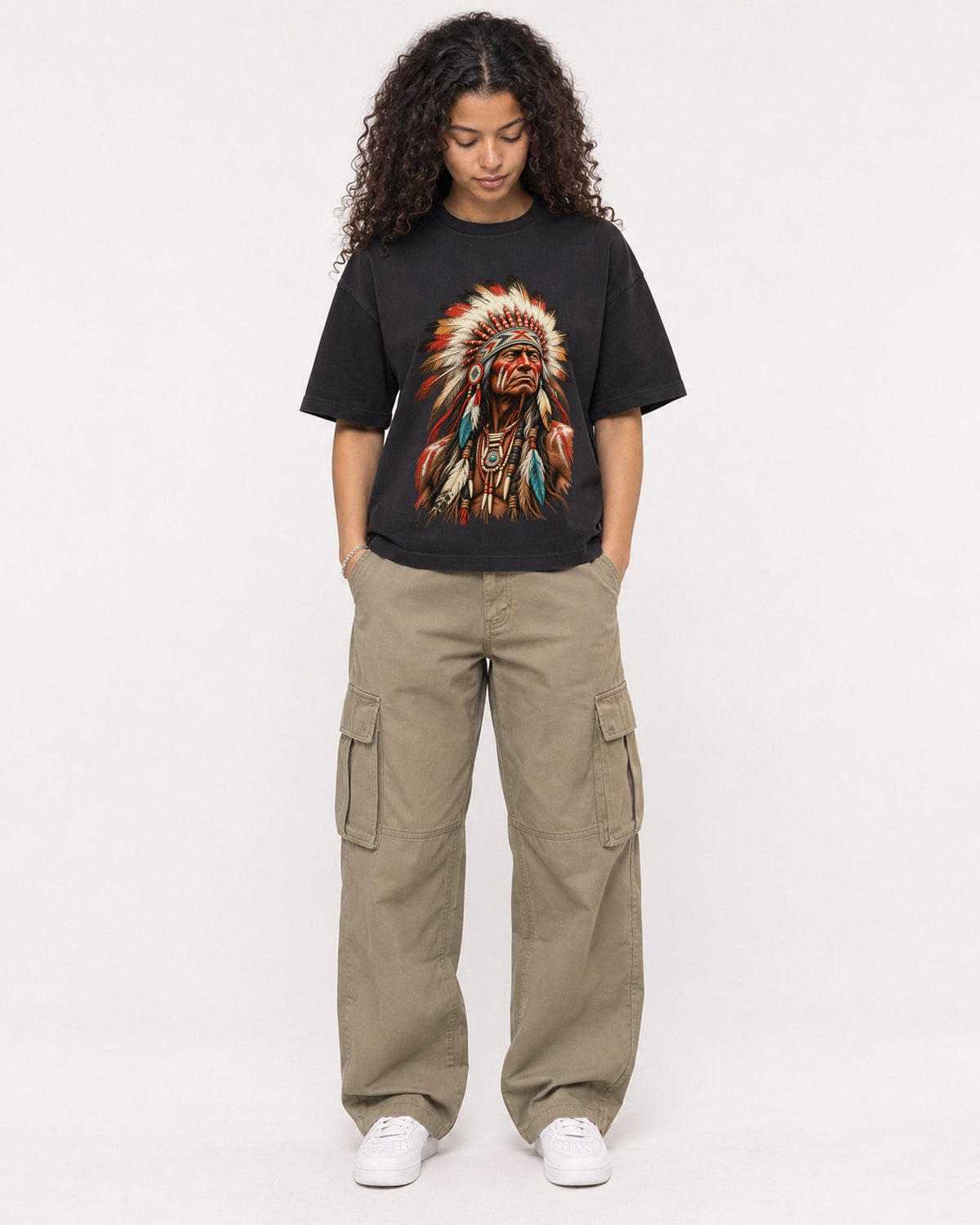 Mockup Boxy Heavyweight Tee Black female full-body 10