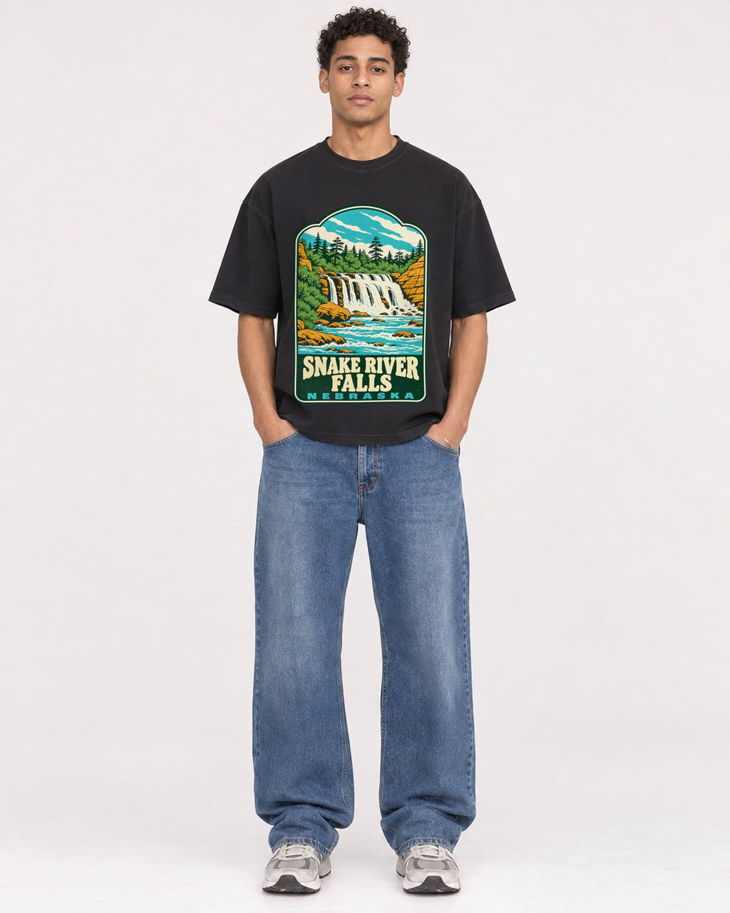 Mockup Boxy Heavyweight Tee Black male full-body 10