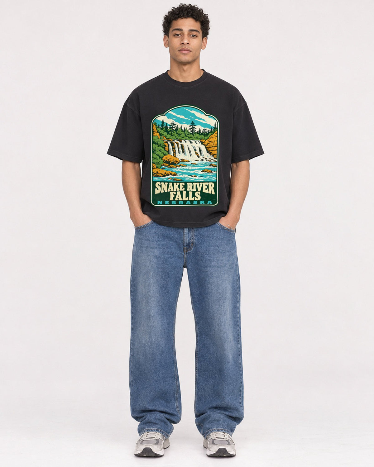Mockup Boxy Heavyweight Tee Black male full-body 10