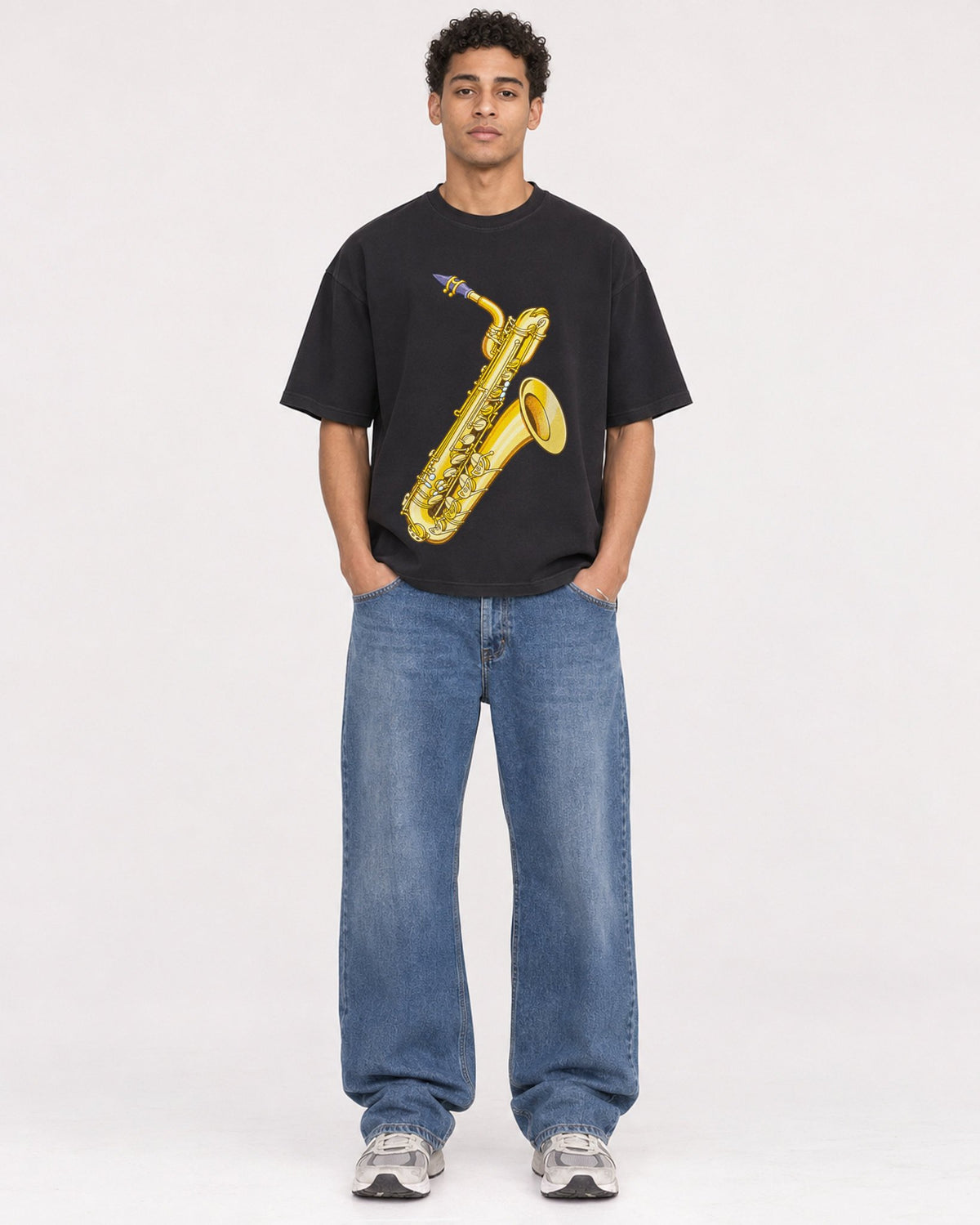 Mockup Boxy Heavyweight Tee Black male full-body 10