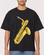 Mockup Boxy Heavyweight Tee Black male close-up 10