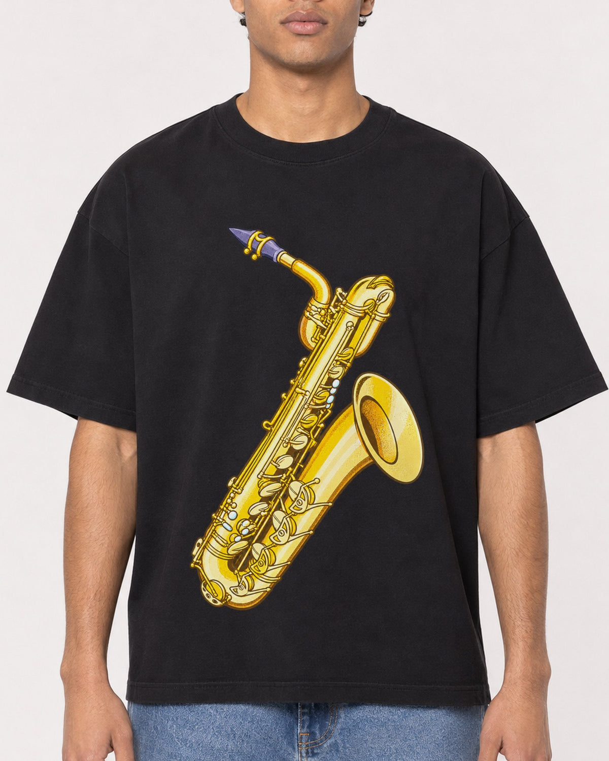Mockup Boxy Heavyweight Tee Black male close-up 10