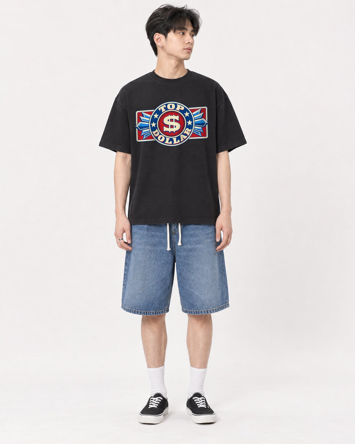 Mockup Boxy Heavyweight Tee Black male full-body 31