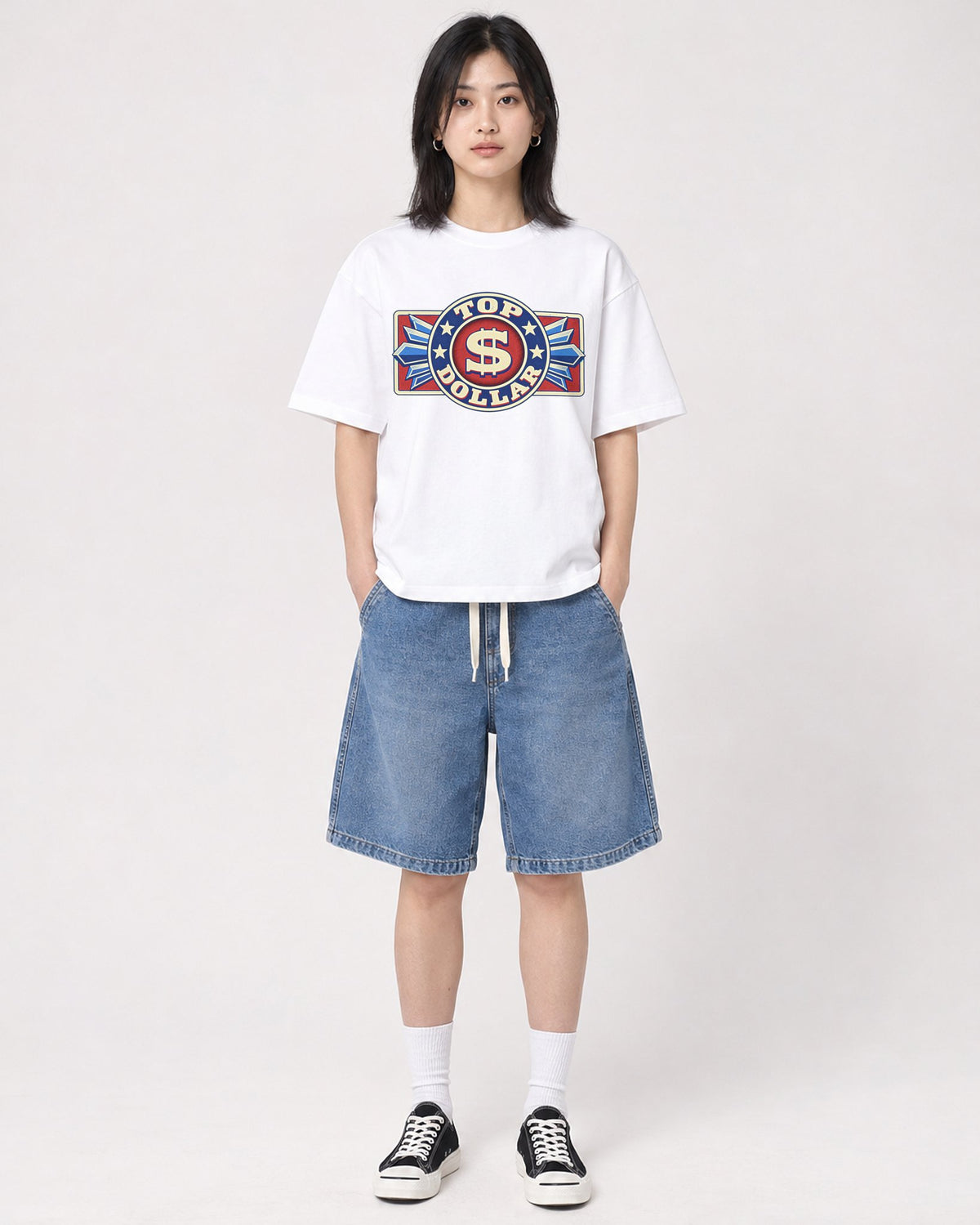 Mockup Boxy Heavyweight Tee White female full-body 31