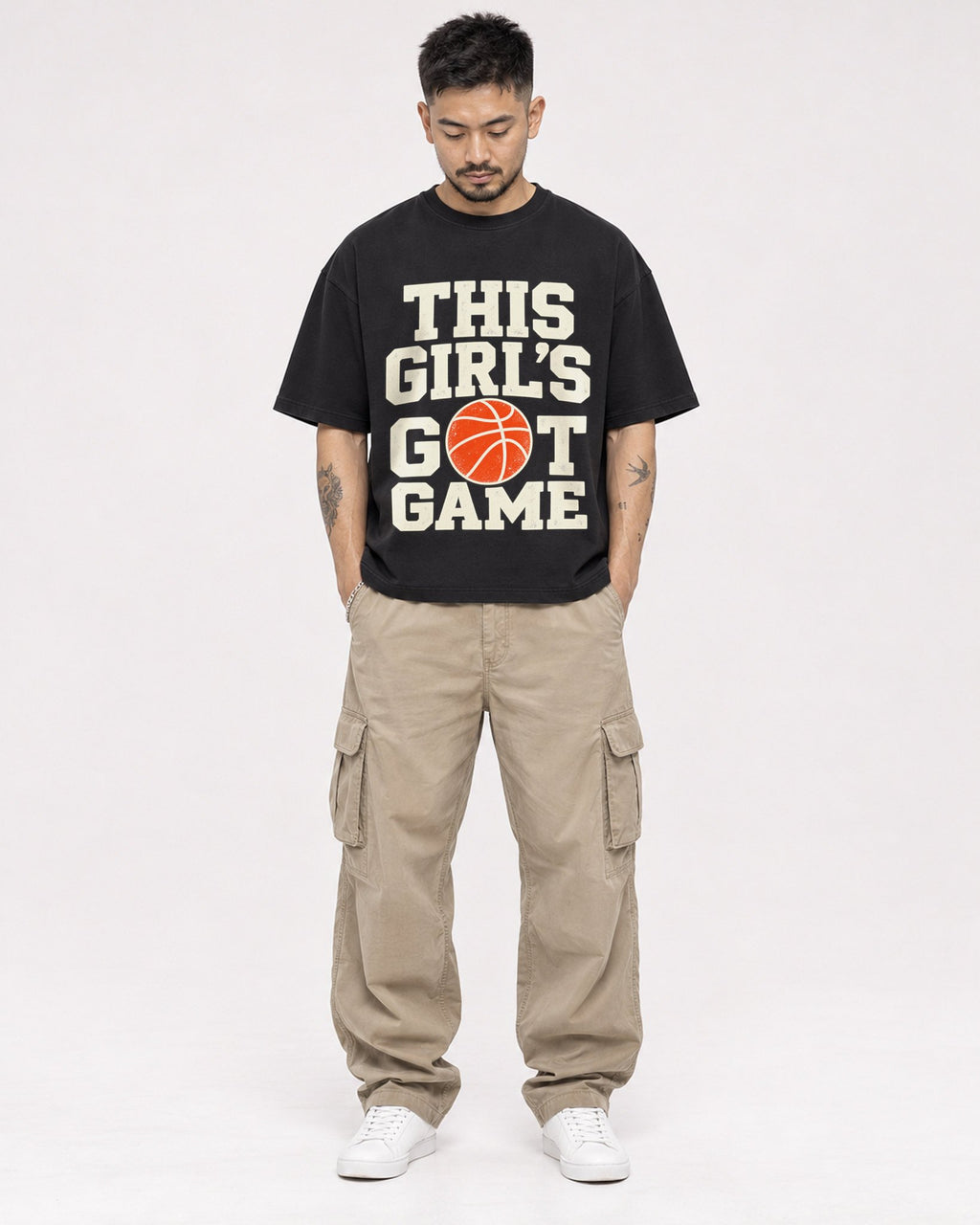Mockup Boxy Heavyweight Tee Black male full-body 12