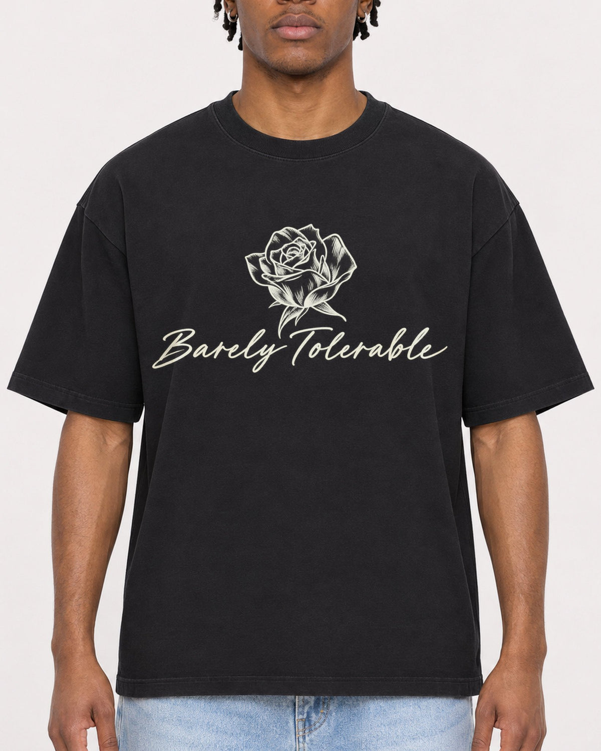 Mockup Boxy Heavyweight Tee Black male close-up 05