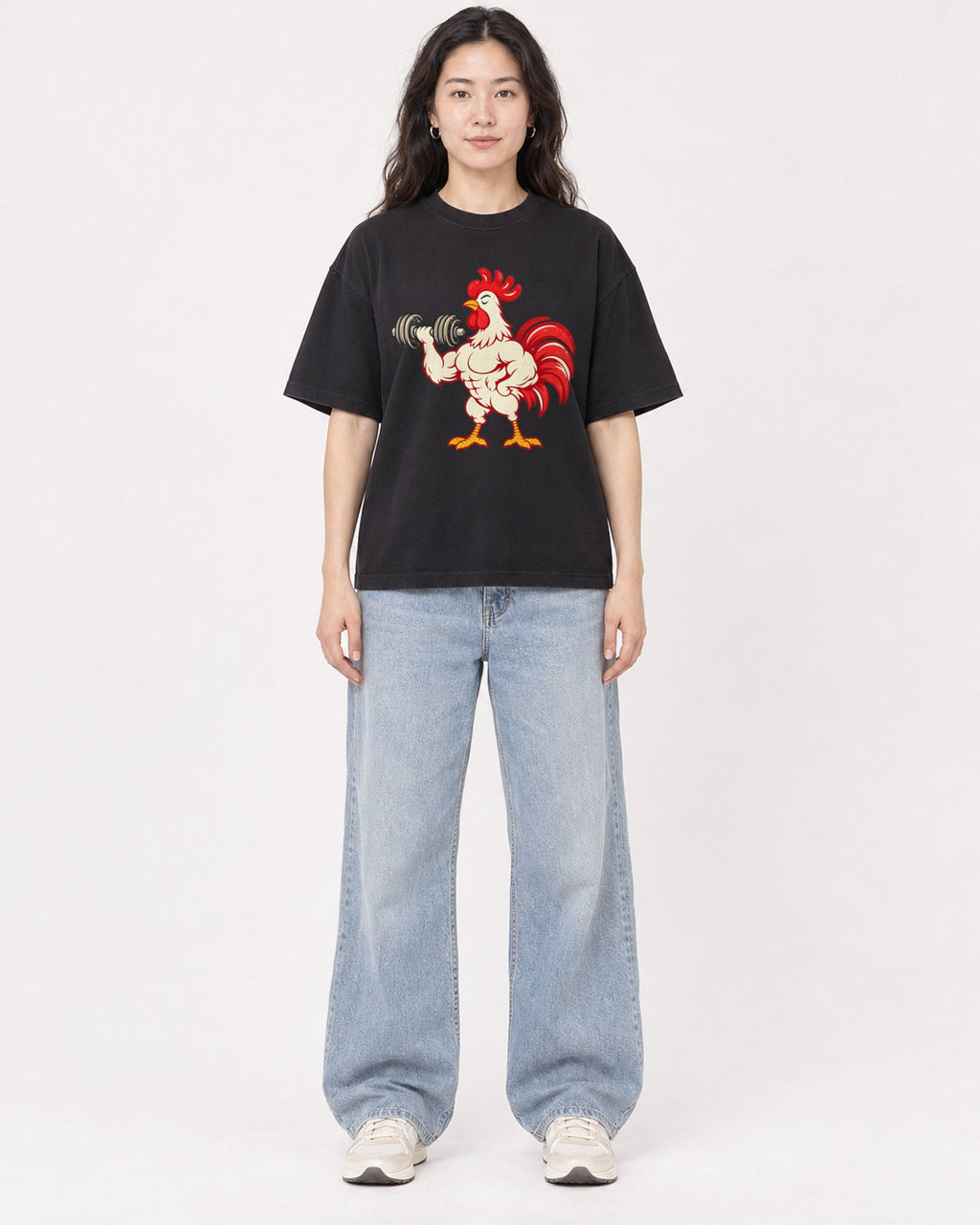 Mockup Boxy Heavyweight Tee Black female full-body 03