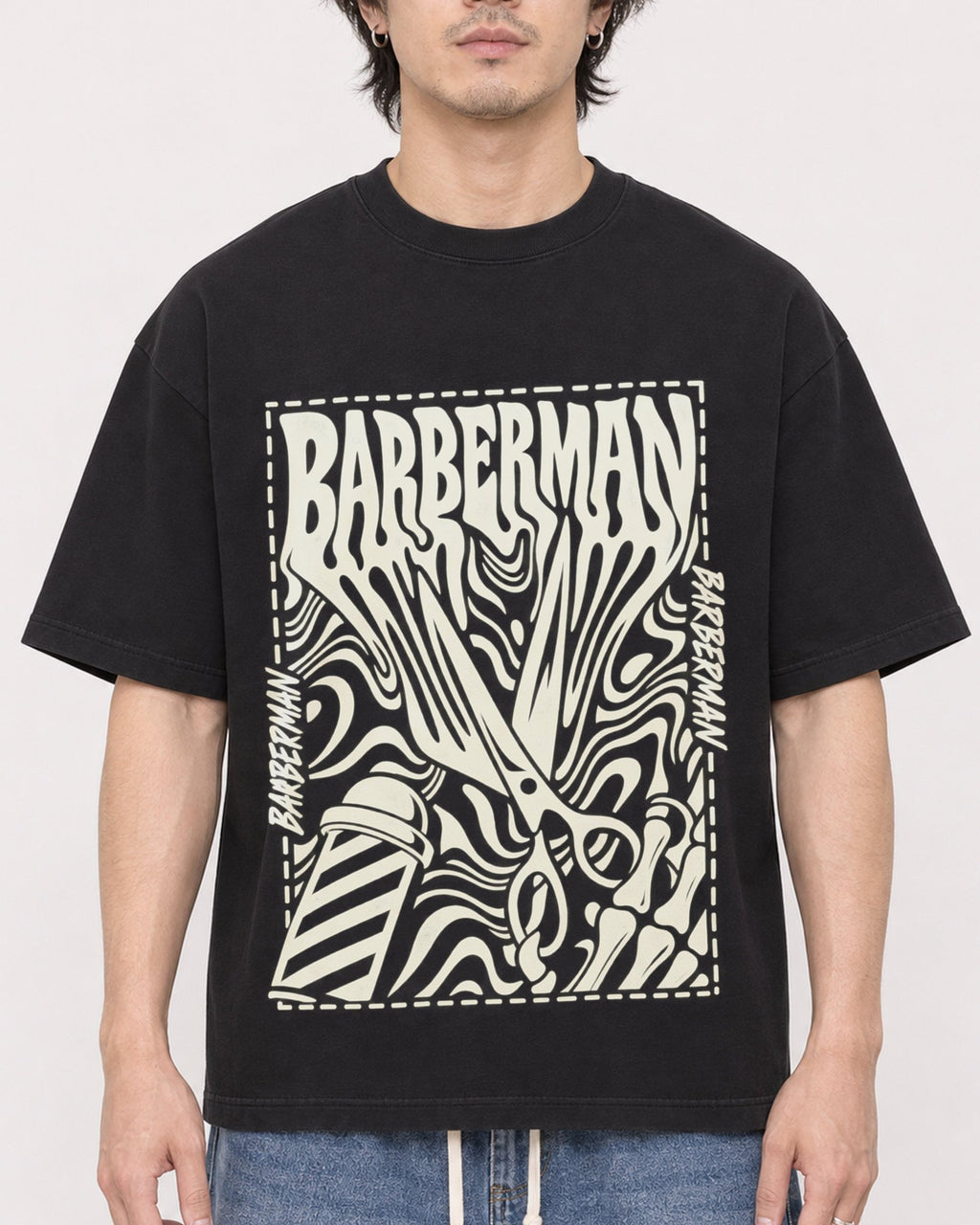 Mockup Boxy Heavyweight Tee Black male close-up 03