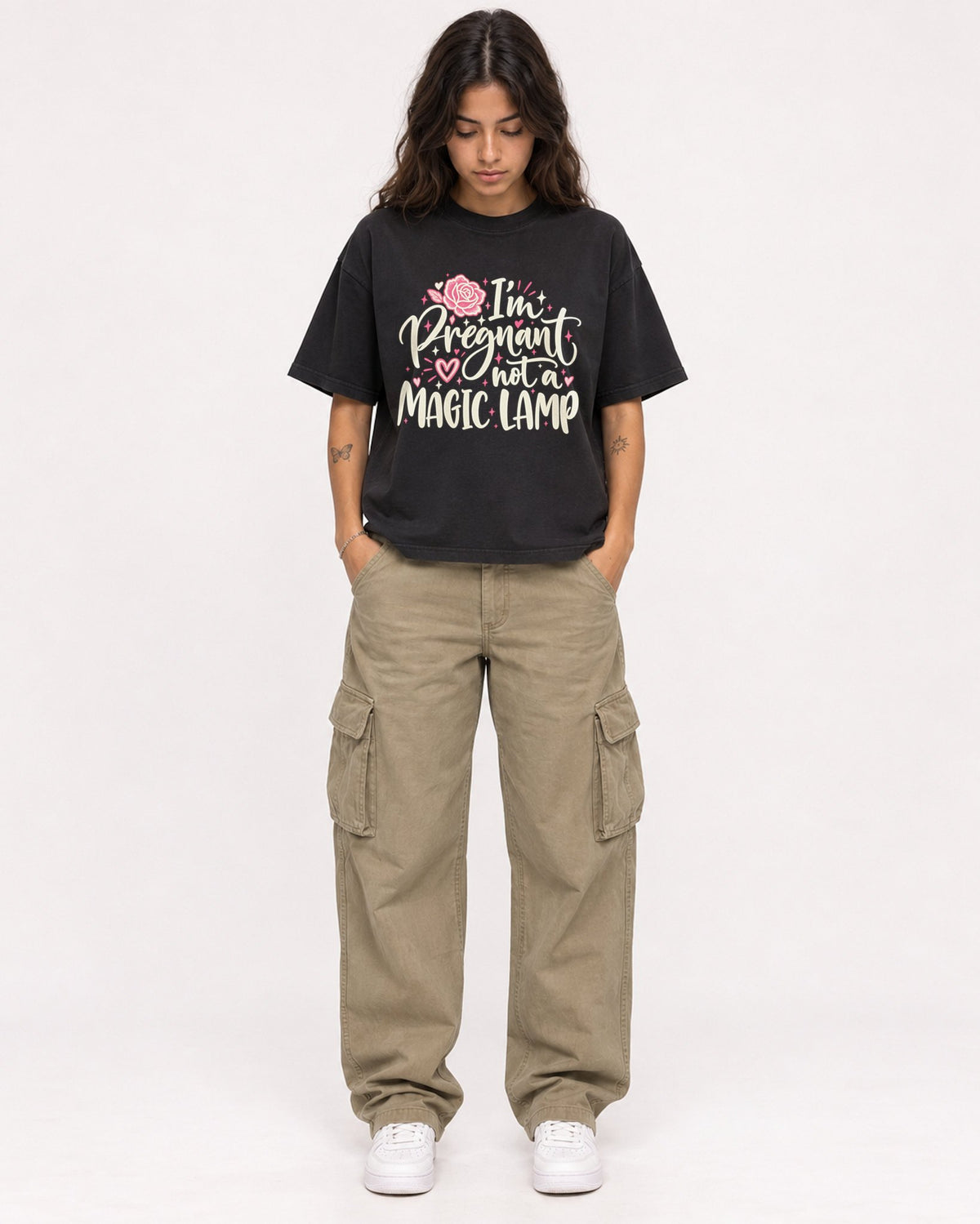 Mockup Boxy Heavyweight Tee Black female full-body 06