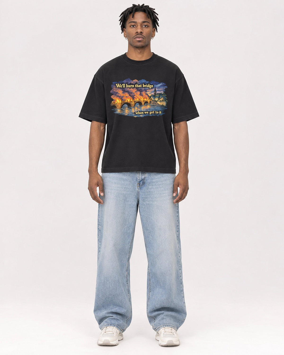 Mockup Boxy Heavyweight Tee Black male full-body 05