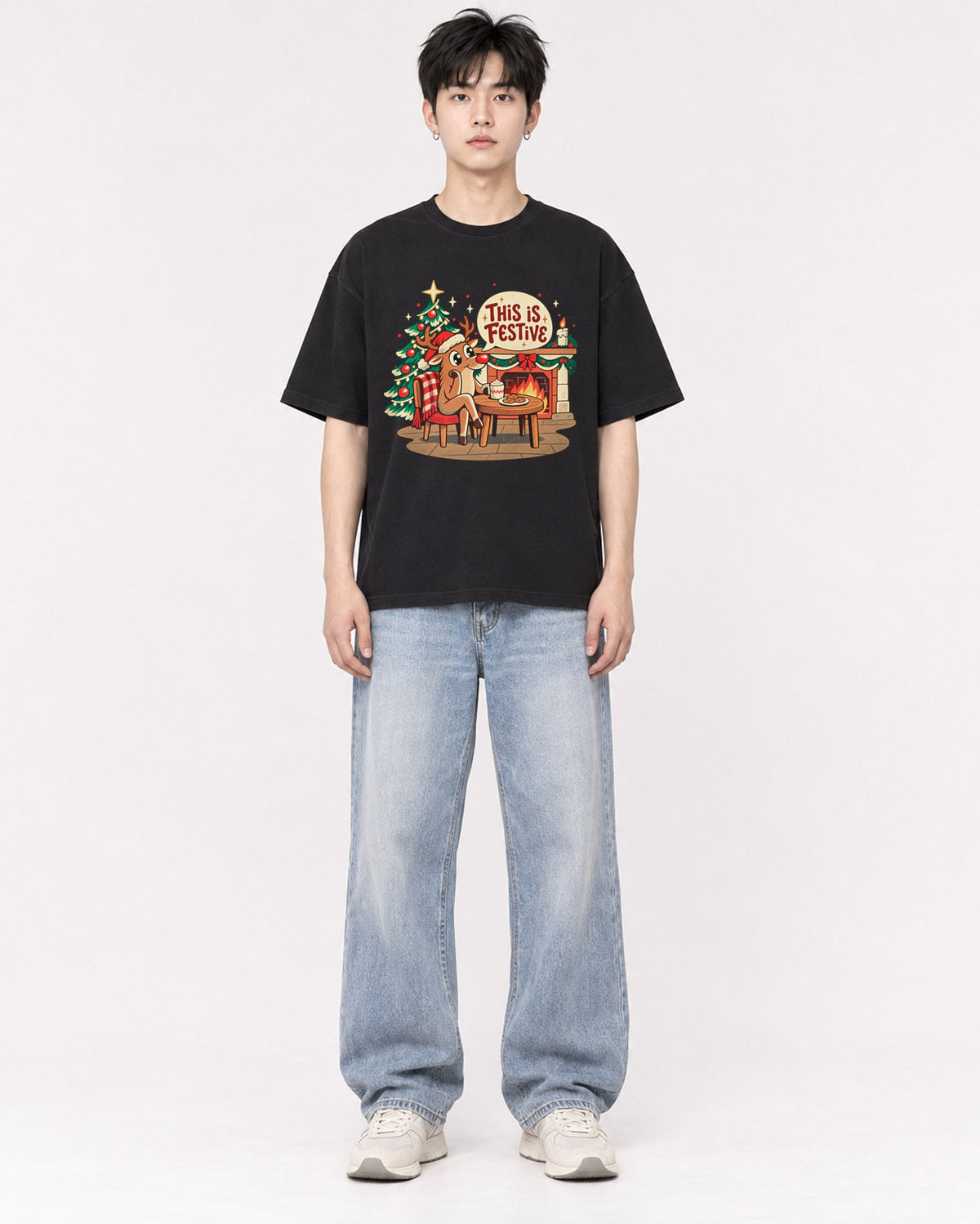 Mockup Boxy Heavyweight Tee Black male full-body 01