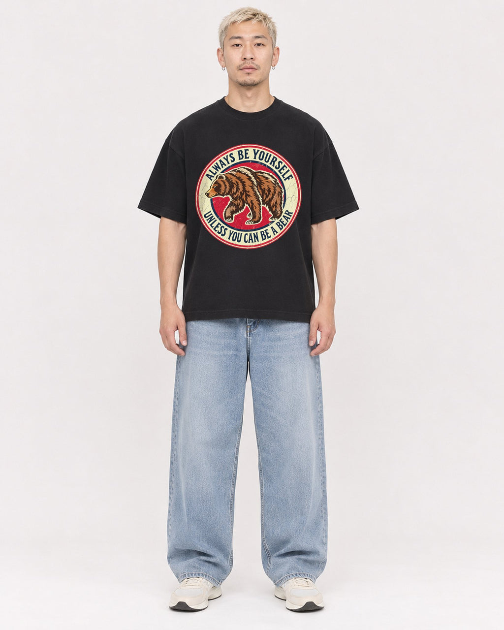 Mockup Boxy Heavyweight Tee Black male full-body 33